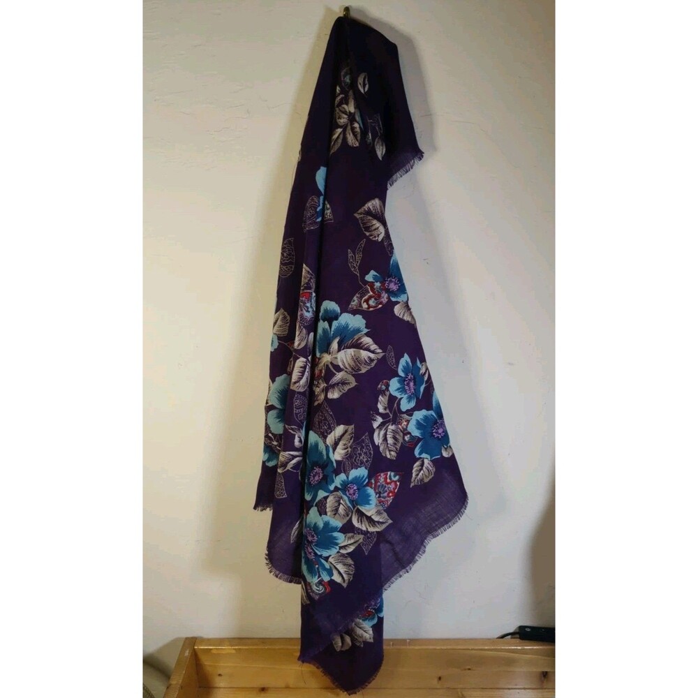 Vintage Purple Floral Scarf The Specialty House Japan Wool 30"X30" Square Fringe
